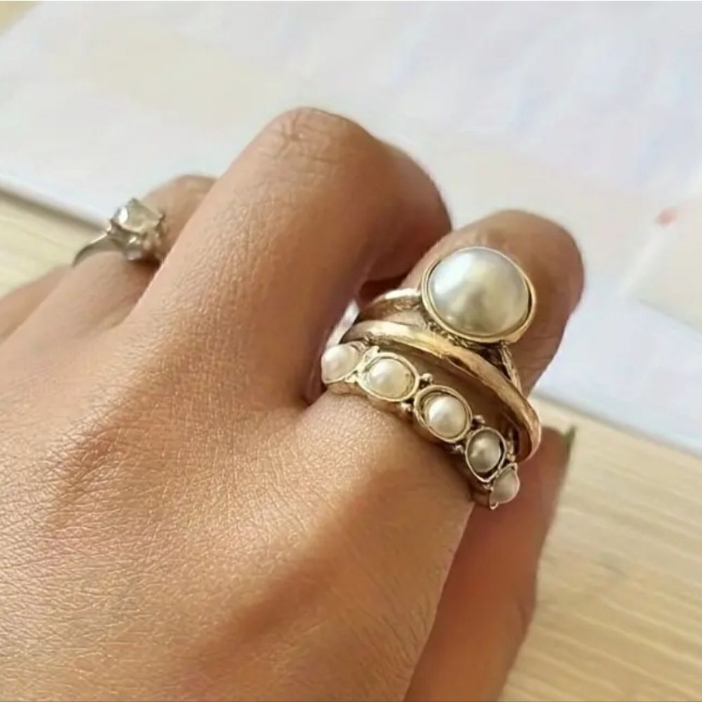 Pearl Solitaire Five Stone Adjustable Silver Plated Or Gold Plated Ring